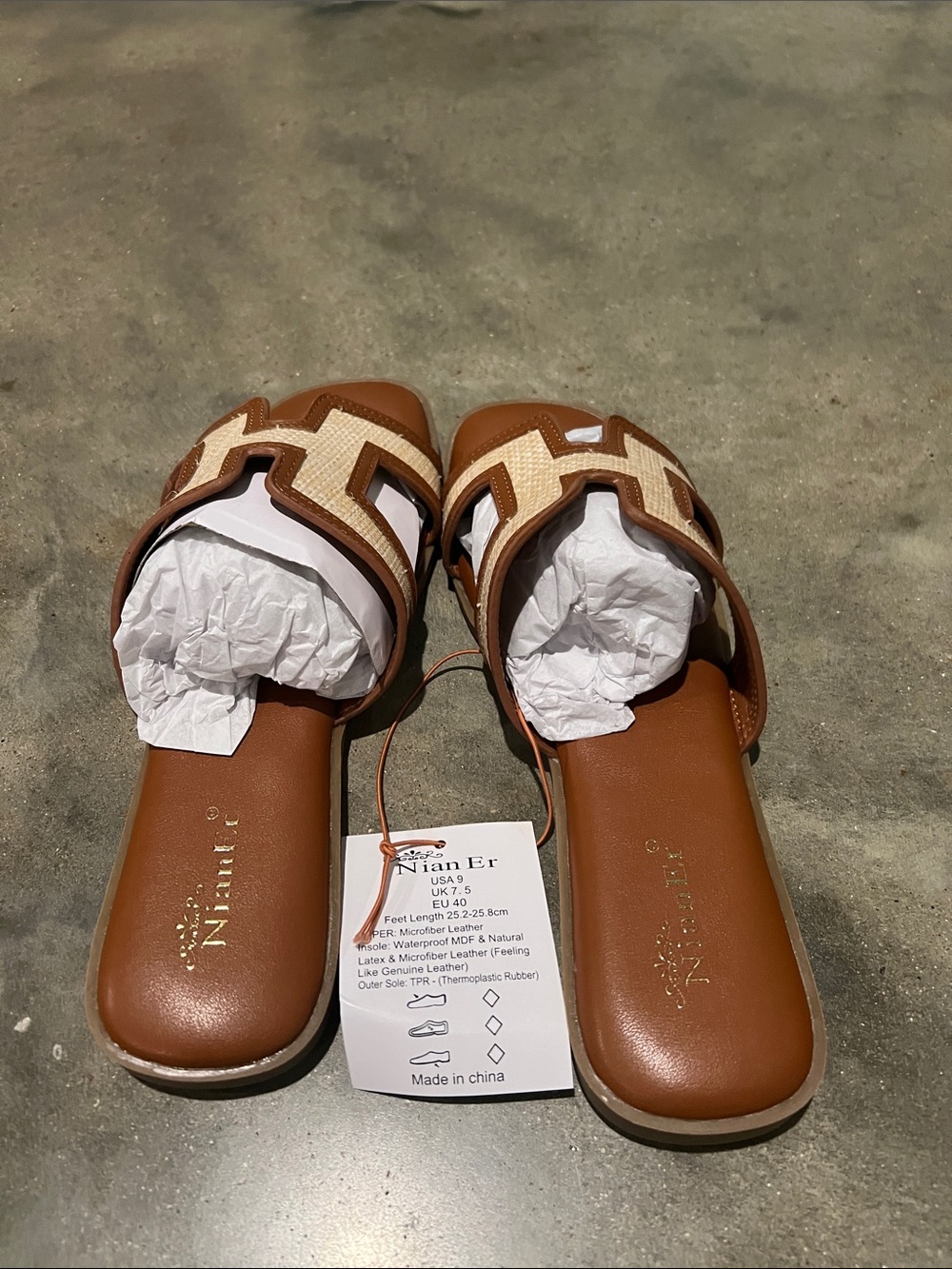 Women’s Brown Slide Sandals with Cream Braided Strap